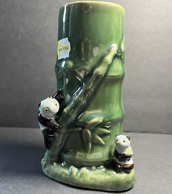 Vtg Majolica Vase Planter Figurine Panda Bears Mom Baby Bamboo Sign Artist AG • $19.67