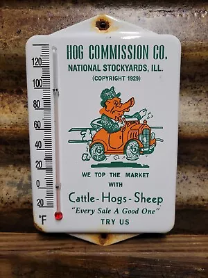 Vintage Hog Commission Porcelain Sign Thermometer Pig Cow Farm Livestock Sales  • $172.55