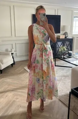 H&M Conscious One Shoulder Pastel Floral Wedding Silky Belted Maxi Dress 14 Bnwt • £69.99
