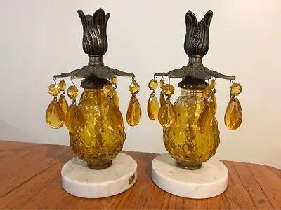 Vtg MCM Set Marble Base Gold Glass Pineapple Candle Holder W/ Crystal Prisms • $85