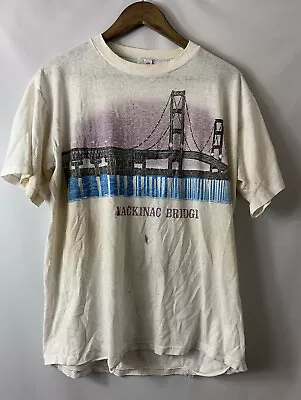 Vintage 90s Jerzees Mackinac Bridge Michgan White Shirt Made In USA  Size L • $12.99