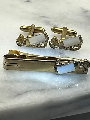 Vintage Mother Of Pearl Cuff Links And Tie Clip Set From The 1950s • $6.59