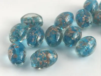 15 Foiled Glass Lampwork Beads Turquoise Blue Gold Speckles Oblong Oval 15mm • £3.50