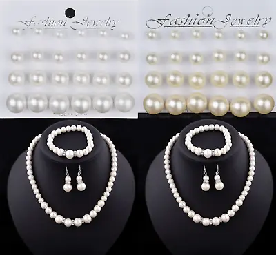 Pearl Earrings Bracelet Necklace Set Cream White Girls Ladies Party • £2.95