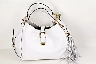 G.I.L.I. White Leather Gold Metal Tassel Satchel Shoulder Bag • $56.99