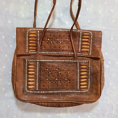 Vintage Moroccan Leather Shoulder Bag Tooled Fold Over Closure Brown Purse • $16.99