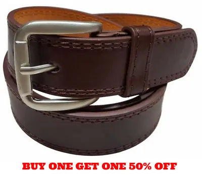 Mens Genuine Leather Casual Dress Plain Brown Belt Silver Buckle Size M / L / XL • $7.95