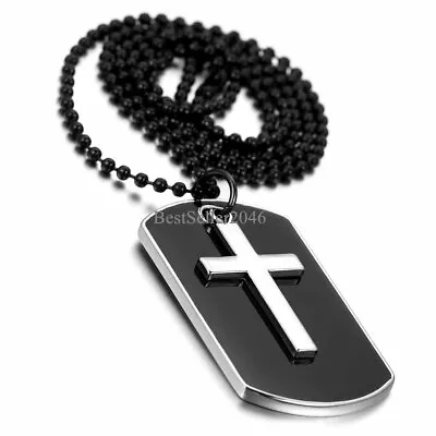 Mens Cross Army Military Dog Tag Charm Pendant Alloy Necklace 27 Inch Chain • $8.99