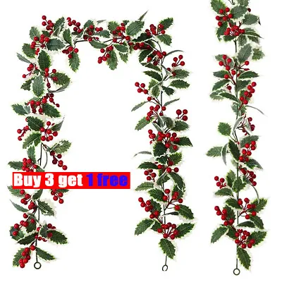 2M Artificial Holly Leaves Red Berries Vine Christmas Rattan Xmas Decorations • £4.86