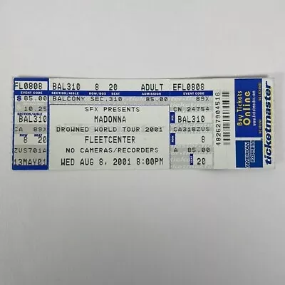 Vintage 2001 Madonna Drowned World Tour Concert Ticket Boston MA Fleet Center • $26.25