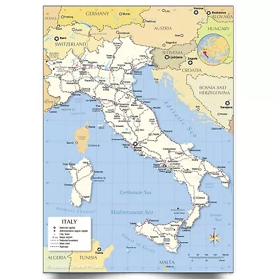 Italy Map Poster Euuropian Country Education Wall Print A5 A4 A3 A2 A1 Italy • £4.99