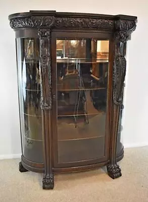 Horner Style Oak Curved Glass China Cabinet Curio With Lion Heads • $4750