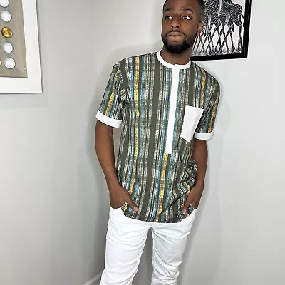 Forest Green African Nigerian Senator Style Men Top W/ White Embroidery Detail • $45