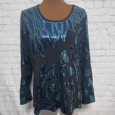 Joan Boyce Ponte Knit Sequin Leaves Top Stunning TURQUOISE & BLUE Size M NWT • $38.95