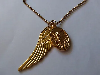 St Michael +Guardian Angel Medal With Angel Wing Gold Plated Necklace & Card • $10.50