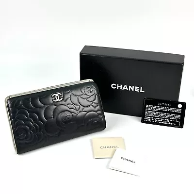 CHANEL Camelia Long Wallet Black Leather Authentic • £208.96