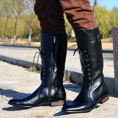Mens Military Leather Knight Knee High Boots Round Toe Lace Up Punk Riding Shoes • £50.40