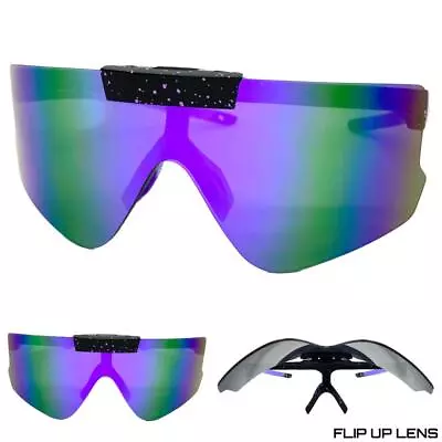 OVERSIZED Retro SPORTY WRAP AROUND Shield SUN GLASSES Large Frame Flip Up Lens • $14.99