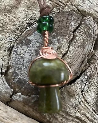Carved Jade Mushroom Wire Wrapped Pendant Necklace Solid Copper Wrap Gemstone • $6.95