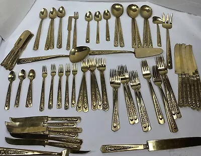 69 Piece Flatware Gold Tone Fork Knives Spoons Serving Utensils • $60