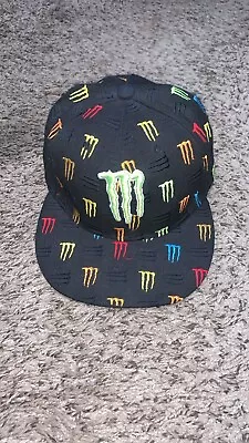 Monster Energy Drink Black/Colorful Camo Fitted Cap Hat Y2K Flat Brim 7 3/8 • $18.99