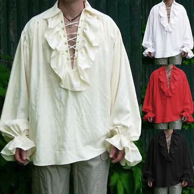 2024 Retro Men Gothic Shirt Top Victorian Medieval Ruffle Pirate Puff Sleeve • £16.15