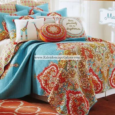 TEAL BOHEMIAN 3pc FULL/QUEEN QUILT ~ MOROCCAN FLORAL RED GREEN REVERSIBLE • $129.99