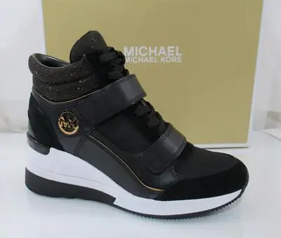 Michael Kors Gentry High Top Wedge Sneakers MK Logo Black / Bronze Size 7.5 • $239.99