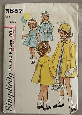 $5.99 • Buy Simplicity 5857 1960s Toddler Girls Dress & Coat Sz 3 Vintage Sewing Pattern