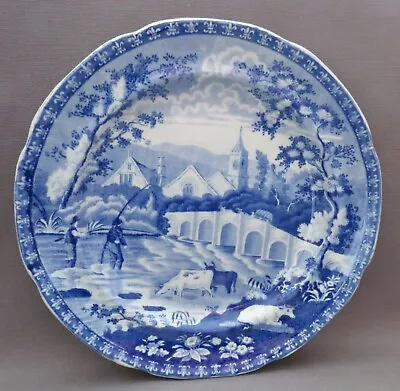 £35 • Buy Staffordshire Pearlware Village Fisherman Blue & White Ddessert Plate 1820