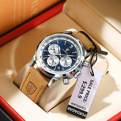 Luxury Mens Leather Watch Waterproof Luminous Date Chronograph Quartz Wristwatch • £14.99