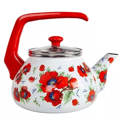 POPPY FLOWERS ENAMELED KETTLE - Red Enamel Tea Pot All Stove Enamelware Kettle • $44.95