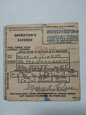 Vintage 1940-1943 New York State Operators Drivers License Brooklyn NYC DMV • $17.99