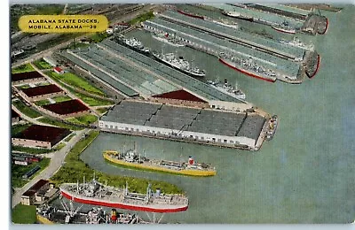 Postcard AL Mobile Alabama State Docks Aerial View Ships Unposted Linen • $6.99