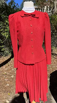 VTG 60's/70's Red Womens Suit W/ BIG BOW Pleated Skirt High Neck Mori • $55