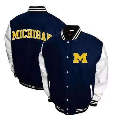 Michigan Wolverines Blue And White Wool Varsity Jacket With Real Leather Sleeves • $35