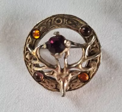 Vintage Mizpah Jewellery Scottish Stag Head Amethyst Citrine Glass Brooch Pin • £12