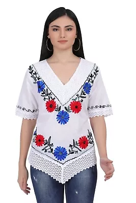 Cotton Mexican White Tops/Blouses Colorful Embroidered • $14.99
