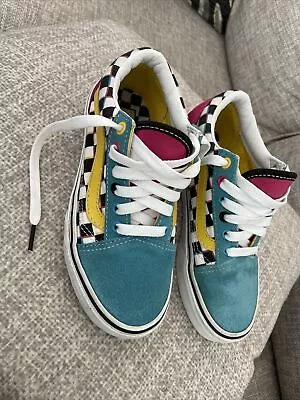 VANS Old Skool Skate Shoes Teal Blue Pink Check Saved By The Bell VGC Kids Sz 2 • £20.07