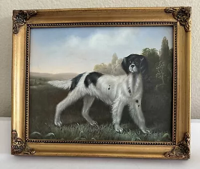 Vintage Dog Portrait Oil Painting On Canvas Ornate Frame Spaniel Or Setter? • $79.99