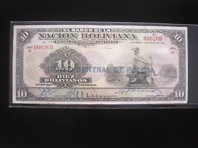 BOLIVIA 10 Bolivianos 1911 1929 P114 Banco Nacion Central Overprint 6269# Money • $19.90
