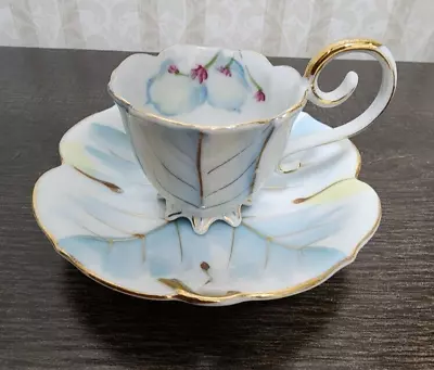 Ucagco China Occupied Japan Tea Cup Saucer Floral Blue Gold Trim Demitasse • $22