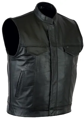 Leatherick Men SOA Anarchy Real Leather Waistcoat Motorcycle Biker Cut Off Vest • £34.99