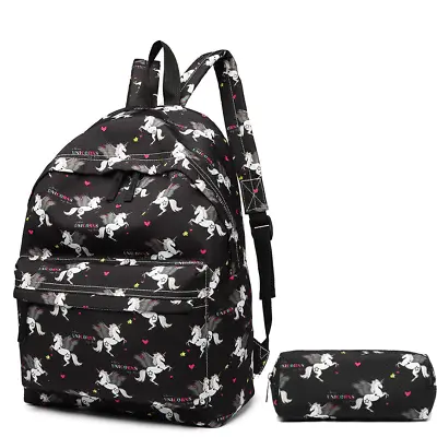A4 Rucksack Unicorn Canvas Bag Boys Girls Retro School Backpack+Pencil Case Set • £9.99