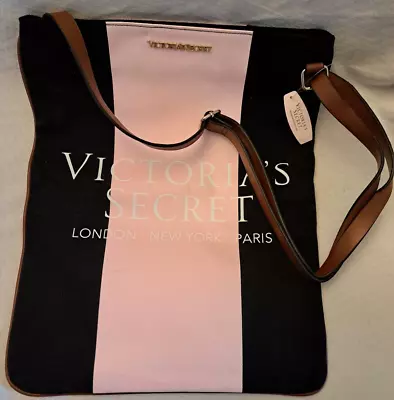 Victoria Secret Cross Body Laptop Tote Pink & Black Lined Adj Strap $78 Ret NWT • $22.95