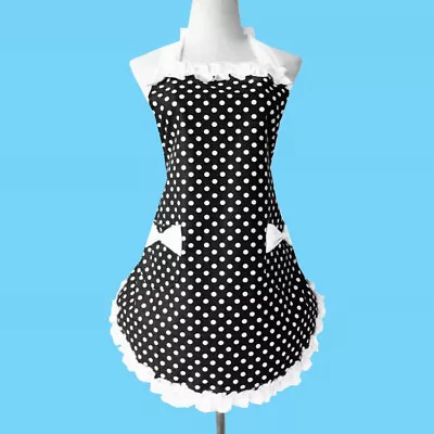 Women Polka Dots Halter Neck Apron With Pockets Kitchen Cooking Baking Workwear • $25.92