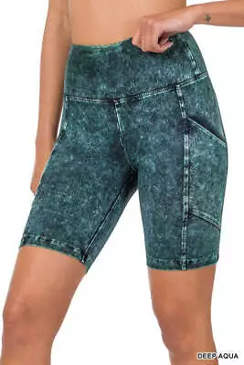 ZENANA Biker Shorts Mineral Wash Wide Waistband Pocket Pull On Knit Active • $50