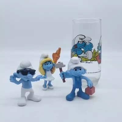 1982 Peyo Smurf Drinking Glass Plus 3 2013 Peyo McDonald's Smurf Figurines • $21.99