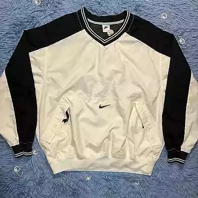 VINTAGE Nike Athletic V Neck Windbreaker Size Large Mens Outdoor Black White 90s • $42