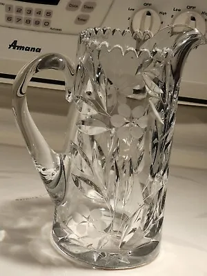 Vtg. Clear Crystal Cut-glass Water Pitcher Etched Floral Design Saw-tooth Top • $30